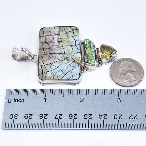 Vintage Sterling Silver 925 8cm Fractured Design Abalone Pearl Peridot Pendant - Picture 8 of 8